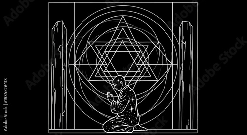 Mystic Man Praying Before Sacred Geometry Symbol