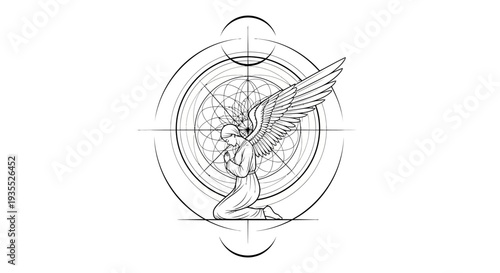 Angelic Geometric Design: Kneeling Angel with Sacred Geometry and Wings