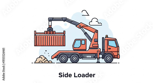Side loader truck lifting shipping container at port.