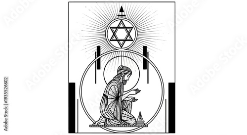 Mystical Figure Praying Under Sacred Geometry Star Symbol