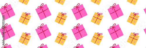 Seamless pattern with hand drawn gift boxes on white background. Cute crayon style presents for birthday, holiday wrapping paper, textile and party decor design.