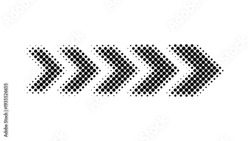 Arrow icon. Arrow pattern of chevrons and dots. Speed direction to the right. Race forward icon isolated on white background. Modern arrow shape tip sign. Dynamic logo long patern. Vector illustration