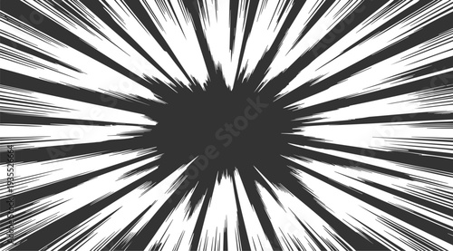 Black and white comic speed lines burst background with radial motion effect and large center copy space.