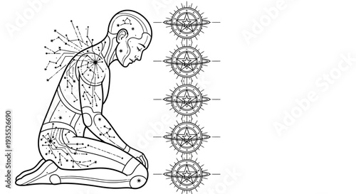 Futuristic Android Kneeling with Celestial Circuitry and Chakras