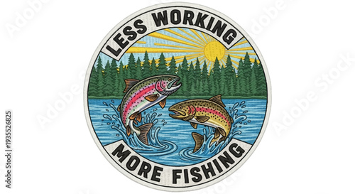Vintage Fishing Emblem with Jumping Trout in Lake and Forest Landscape, Sun Shining, Isolated White Background