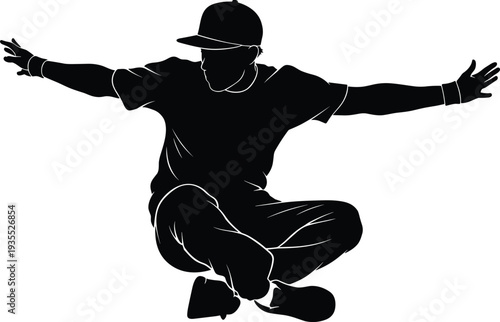 Black silhouette of a male breakdancer in a flat cap performing a dynamic mid-air freeze move on a white background.