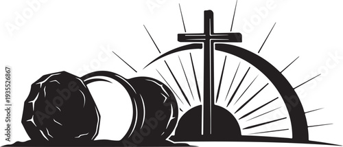 Easter eggs and cross with sunrise in silhouette style