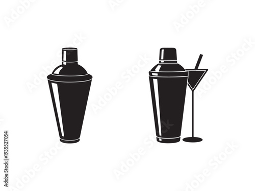 Cocktail shaker and martini glass icons  bar tools for mixing and serving drinks