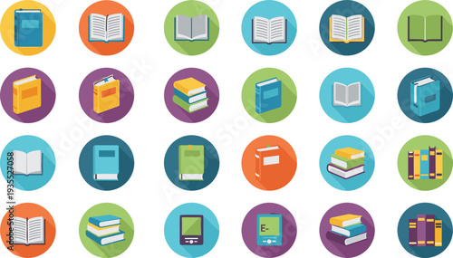 Book and E-Book Icons Set, Featuring Hardcover, Paperback, E-Readers, Stacked Books, and Reading Material for Library and Education