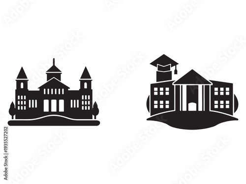 College campus buildings with graduation cap and trees  educational institution architecture