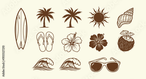 Monochrome Brown Collection of Tropical Beach and Summer Icons on Light Beige Background