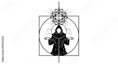 Mysterious hooded figure in geometric design, cosmic concept art, black and white