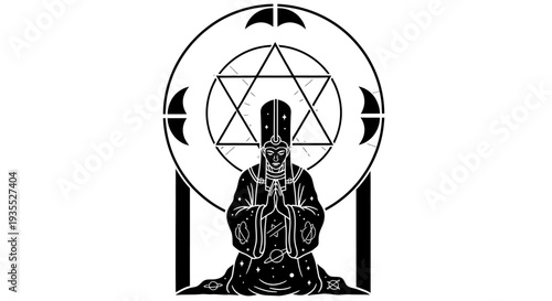 Mystic Figure Praying Under Sacred Geometry Star and Moon Symbol