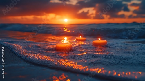 Candles on water at sunset