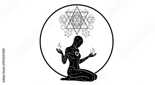 Mystical Woman Silhouette with Sacred Geometry and Cosmic Energy