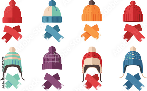Winter Hats and Scarves Icon Set, Featuring Colorful Knit Caps, Pom-Poms, and Cozy Scarves for Cold Weather Fashion