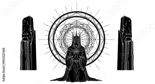 Mysterious King Figure with Sacred Geometry Circle and Monoliths