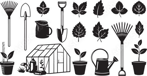 Gardening tools and plants in a simple line style