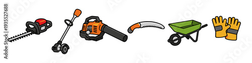 Collection of cartoon gardening tools and equipment for yard work and landscaping