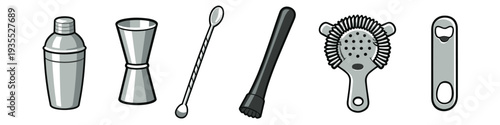 Collection of essential bar tools for making cocktails and drinks