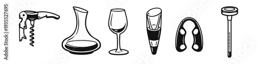 Collection of wine accessories including a corkscrew, decanter, wine glass, aerator, chiller, and thermometer
