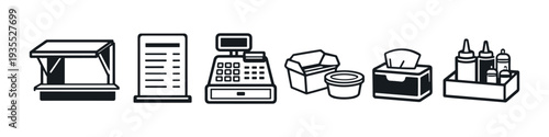 Collection of simple line art icons representing fast food service elements
