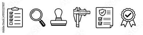 Collection of icons representing quality control, inspection, and verification processes