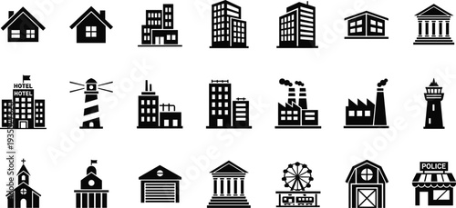 City buildings and landmarks silhouette icon set including house factory lighthouse church hotel police station vector
