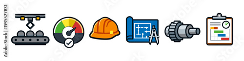 Industrial automation icons representing manufacturing, performance, safety, design, and project management