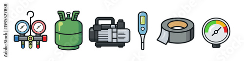 HVAC tools and equipment including gauges, refrigerant tank, vacuum pump, thermometer, and tape