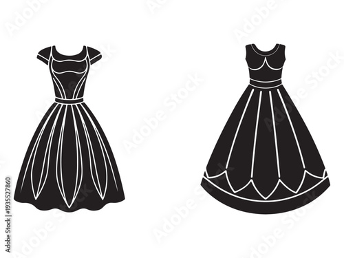 Elegant black and white dress designs  stylish short and sleeveless dresses  fashion illustration  two beautiful gowns