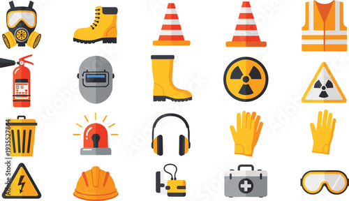 Construction and industrial safety equipment icon set with helmet gloves boots goggles warning signs and protective gear
