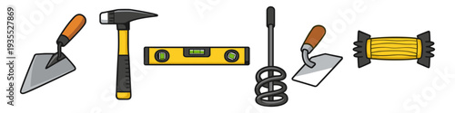 Collection of construction and DIY tools including trowels, hammer, level, mixer, and measuring tape
