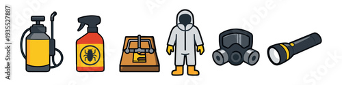Essentials for pest control: tools and protective gear illustrations