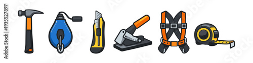 Collection of construction and DIY tools including hammer, chalk line, utility knife, and tape measure