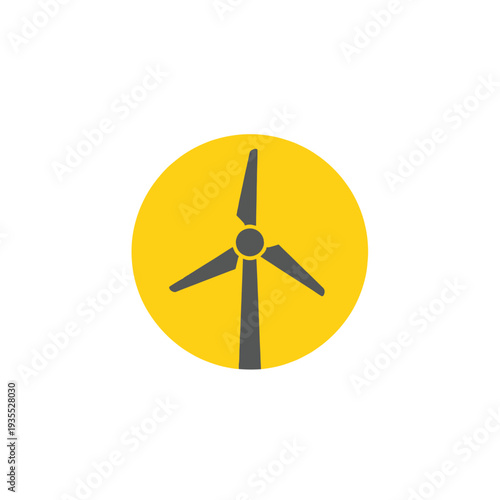 A modern illustration of a wind turbine generating clean energy, set against a yellow circle