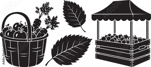 Black and white illustration of fruits and leaves on display