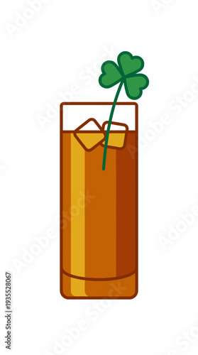 A refreshing drink with ice cubes and a clover garnish, perfect for a celebration. The glass is filled with a delicious drink.