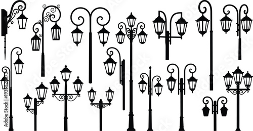 Vintage street lamp silhouettes collection classic decorative city lantern posts retro urban lighting vector illustration set