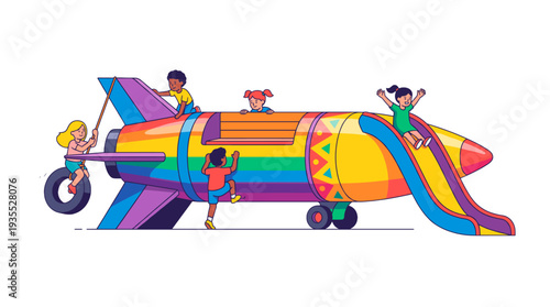 Children playing and having fun on a colorful rocket playground