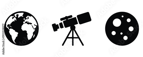 Planet earth telescope moon icon set space astronomy symbols