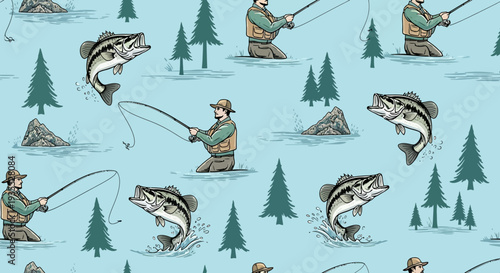 Seamless Pattern of Fishermen Catching Bass Fish in a River with Pine Trees