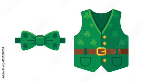 St. Patrick's Day theme suit accessories: bow tie and vest set. The vest is adorned with gold buttons and shamrock patterns, symbolizing Irish culture