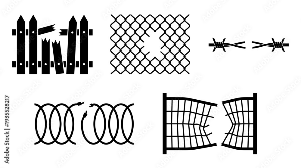 Fototapeta premium Various fence, broken, metal, barbed wire, silhouette style. showing a concept of security and obstacles