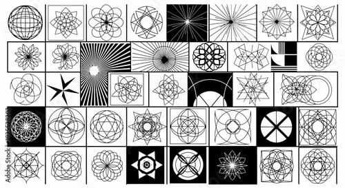 Grid of diverse abstract geometric shapes and intricate mandala patterns in black and white line art on a white background.