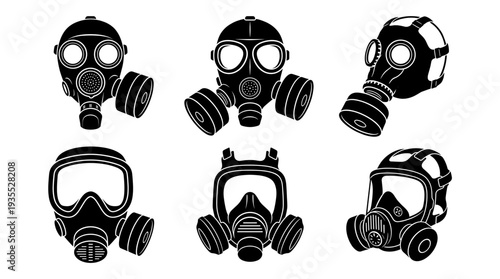 Six gas masks illustrations set, symbolizing protection and safety in hazardous environments