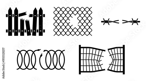 Various fence, broken, metal, barbed wire, silhouette style. showing a concept of security and obstacles