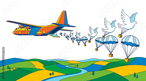 A vibrant illustration of an airplane dropping doves with parcels over the landscape