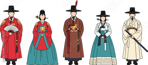 Traditional Korean Hanbok Characters Collection with Historical Joseon Dynasty Royal and Noble Costumes Vector Illustration