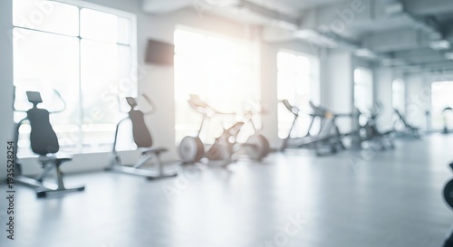 Daylit Gymnasium Interior with Soft Blur Effect Featuring Fitness Equipment and Exercise Area Design